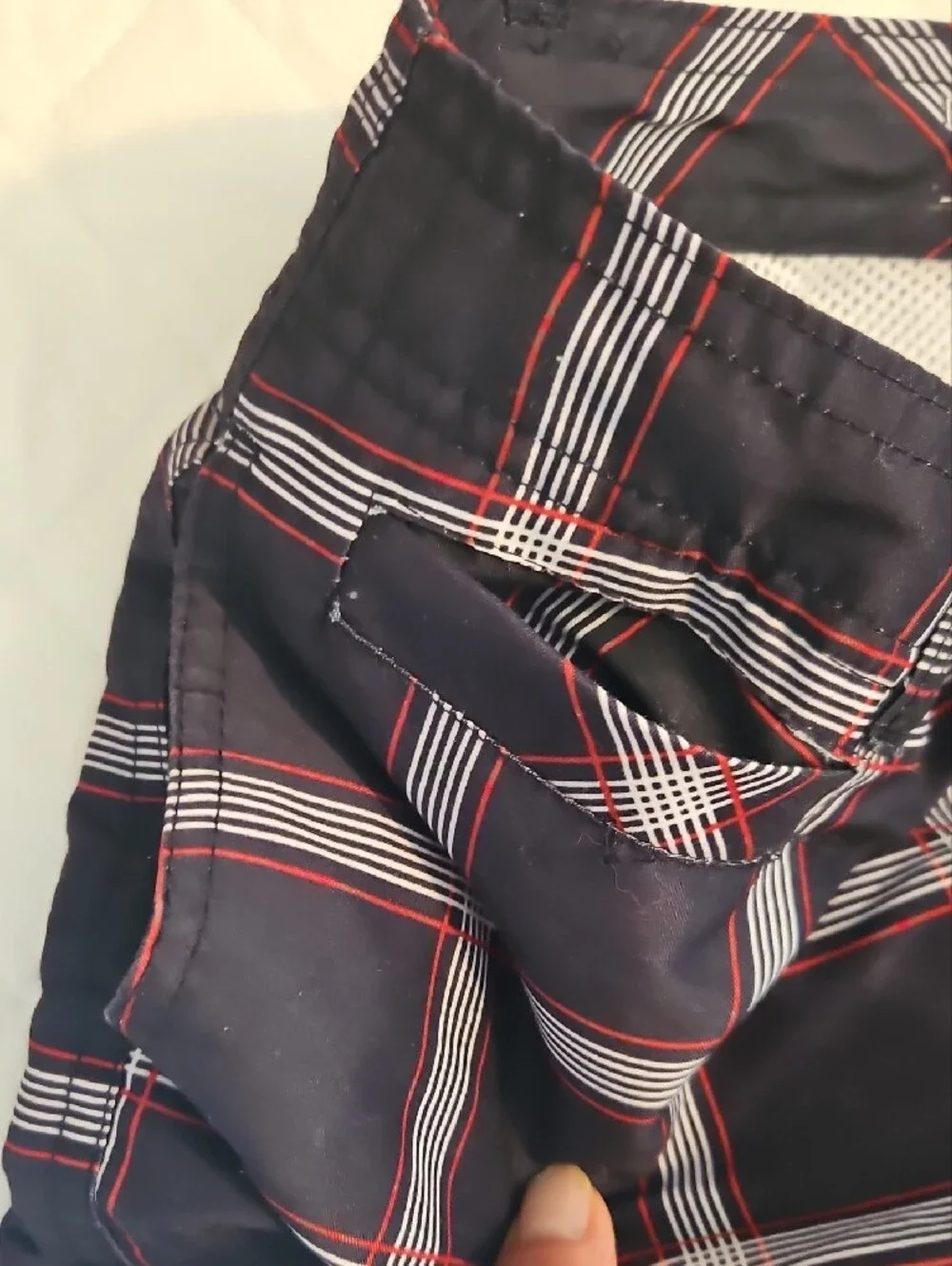 Black Plaid Boy's Swim Shorts with Red and White Windowpane